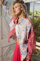 POL Patchwork Plaid Button-Up Shirt with Contrast Pockets