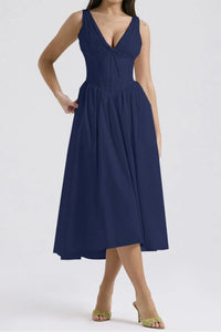 Ruched V-Neck Sleeveless Dress with Pockets Dark Blue