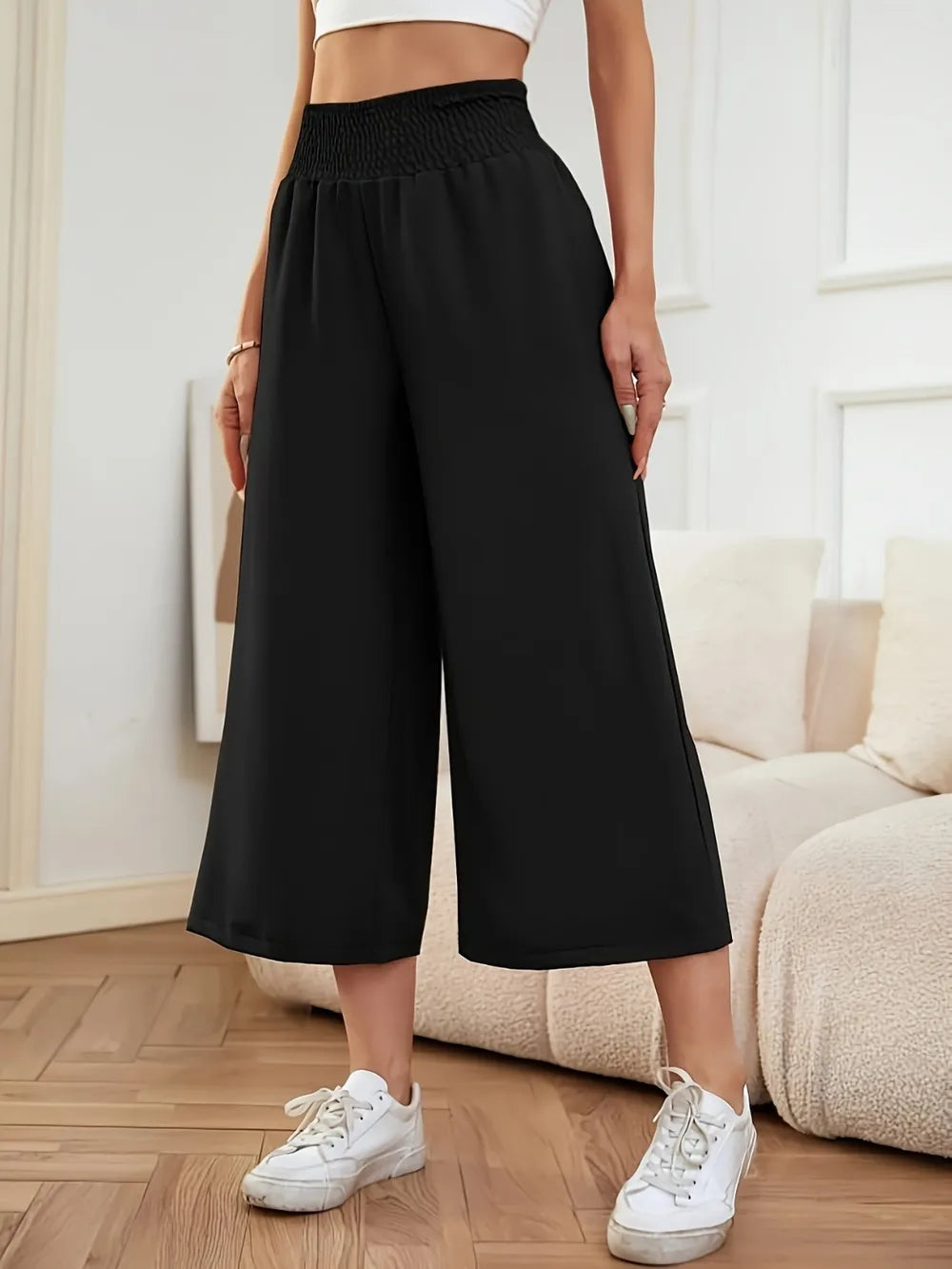 Trendy Elastic Waist Wide Leg Pants for Women - Comfort Fit, 100% Polyester, Versatile Style