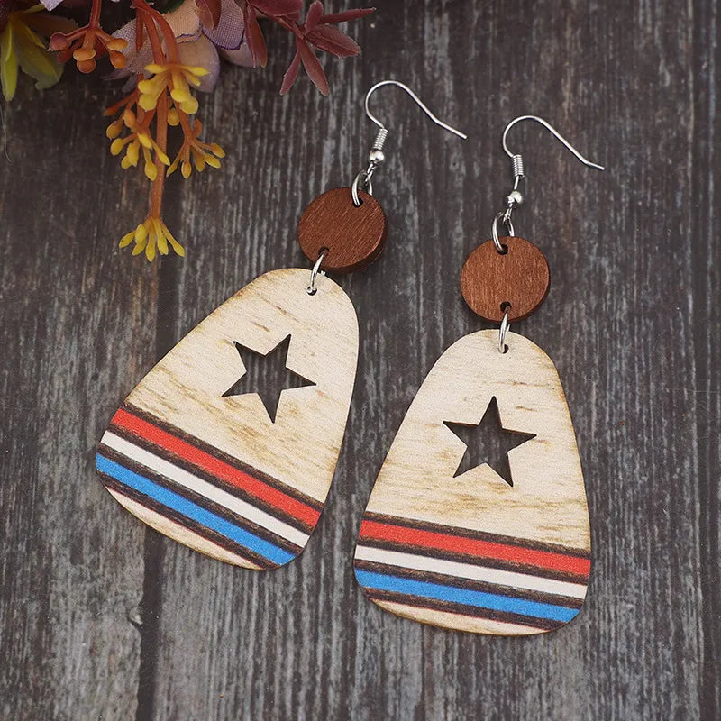 Stylish Cutout Star & Stripes Wooden Dangle Earrings - Lightweight Alloy & Wood Design