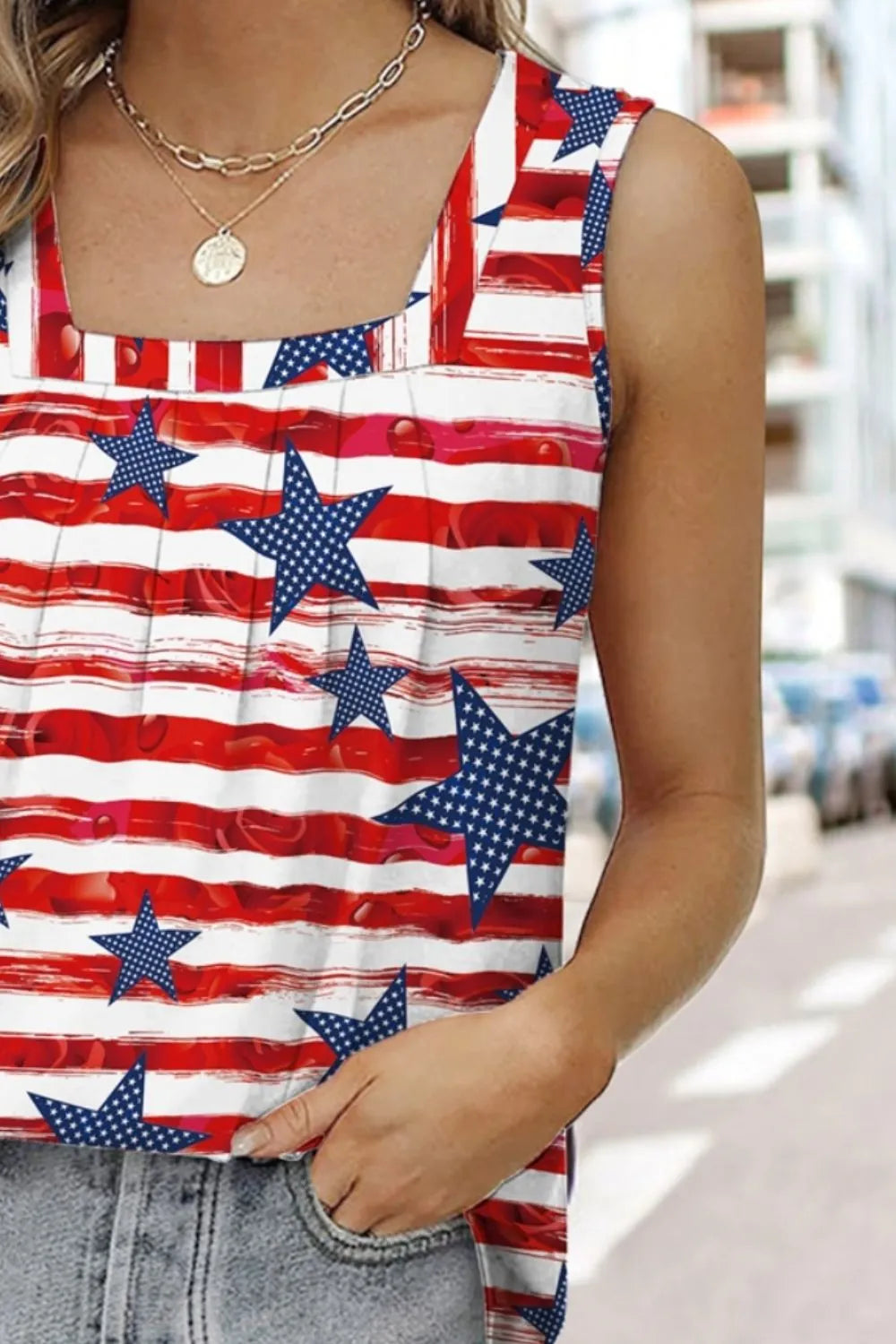 FAM-FAM Star Striped Square Neck Tank Top - Opaque, Slightly Stretchy, 95% Polyester, 5% Spandex