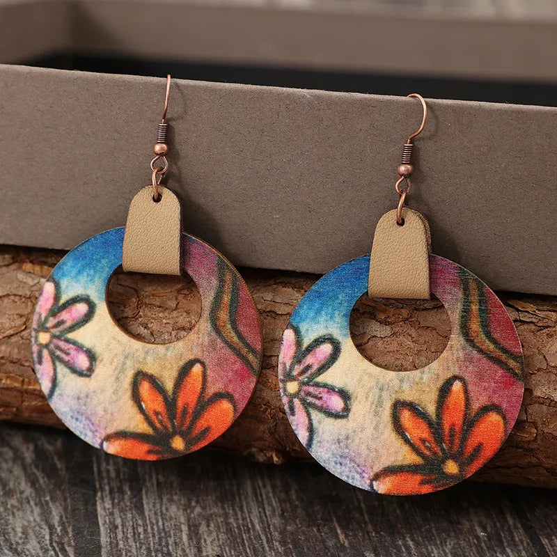 Elegant 3.1" Wooden Flower Round Shape Earrings in Alloy and Wood - Unique Craftsmanship