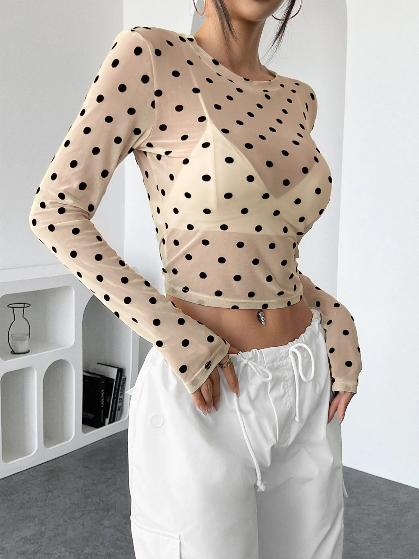 Polka Dot Mesh Long Sleeve Crop Top