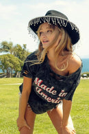 Trendy Laser Cut Mineral Washed Top with America Print - 100% Cotton Patriotic Style - Store 42