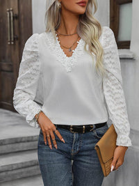 Honey V-Neck Lace Flounce Sleeve Blouse - Fashionable Semi-Sheer Long Sleeve Top - Store 42