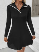 Contrast Trim Texture Long Sleeve Sweater Dress Black