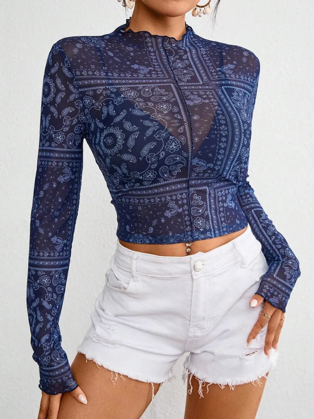 Trendy Paisley Mock Neck Sheer Top for Women - Long Sleeve, Stretchy, 100% Polyester
