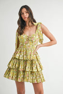 MABLE Floral Print Shoulder Tie Layered Mini Dress Kiwi