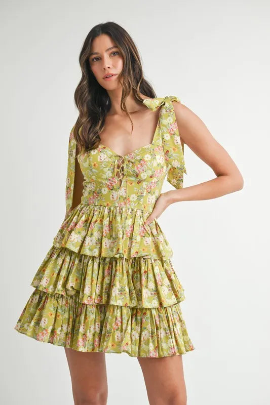 MABLE Floral Print Shoulder Tie Layered Mini Dress Kiwi