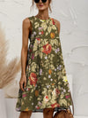 FAM-FAM Tiered Printed Round Neck Sleeveless Dress Moss