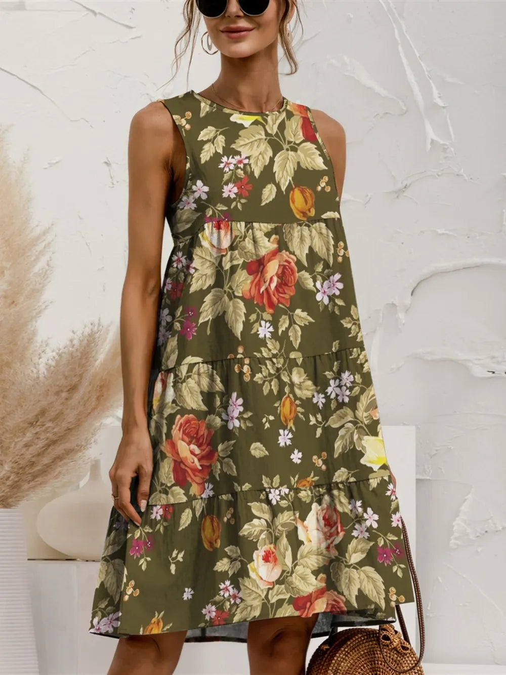 FAM-FAM Tiered Printed Round Neck Sleeveless Dress Moss