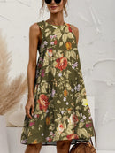 FAM-FAM Tiered Printed Round Neck Sleeveless Dress Moss