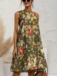 FAM-FAM Tiered Printed Round Neck Sleeveless Dress Moss