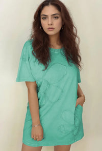 Round Neck Short Sleeve Tee Dress Turquoise
