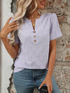 Stylish Eyelet Notched Top with Decorative Buttons - Short Sleeve & Slightly Stretchy, Opaque Fabric - Store 42