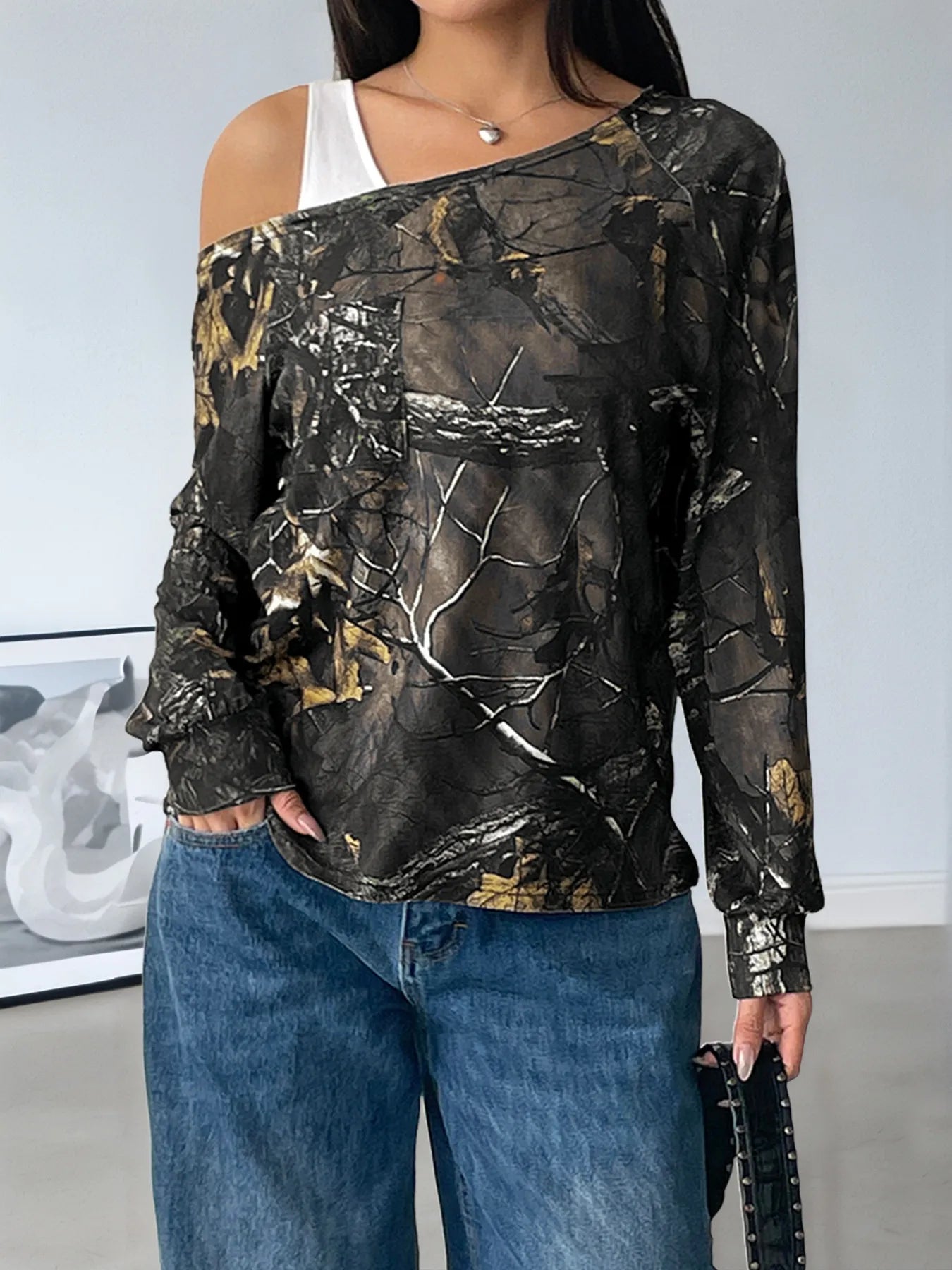 Trendy Asymmetrical Neck Printed Long Sleeve Top with Cutout Design - Slightly Stretchy Fabric