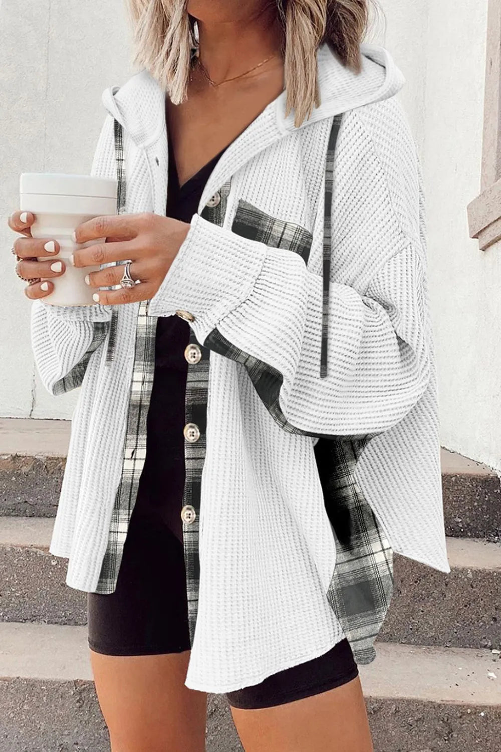 Waffle Knit Plaid Patchwork Drawstring Hooded Shacket White