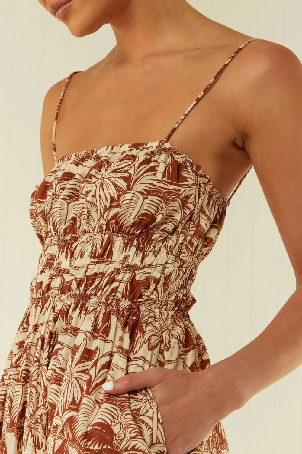 Trendsi Printed Square Neck Cami Dress with Ruched Pockets, 100% Polyester, Opaque Design