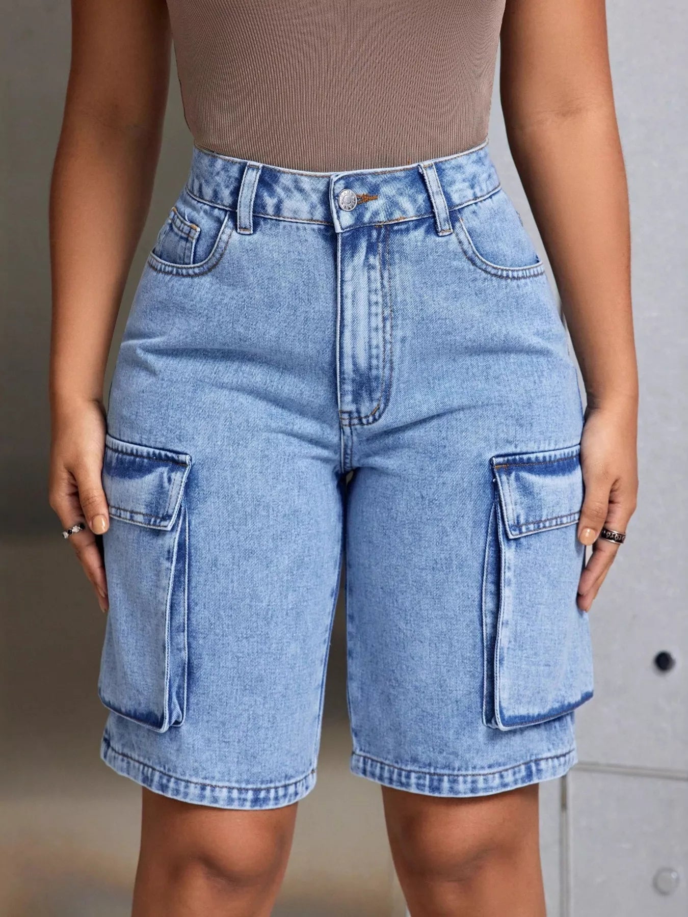 Trendy High-Waisted Cargo Denim Shorts with Pockets - Slightly Stretchy, Machine Washable