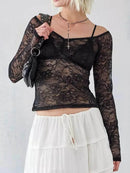 Lace Sheer Long Sleeve T-Shirt for Women - Slightly Stretchy 100% Polyester - Store 42