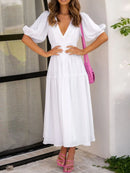 V-Neck Puff Sleeve Midi Dress