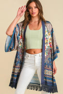 Umgee Full Size Fringe Hem Open Front Printed Kimono Sleeve Cover-Up Plus Size TEAL MIX