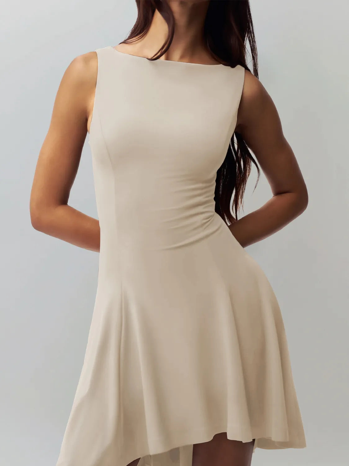 High-Low Round Neck Sleeveless Dress Tan