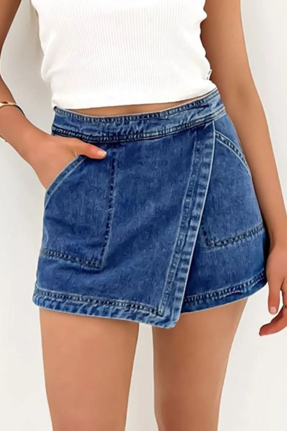 Trendsi Asymmetrical Denim Skort with Pockets - Slightly Stretchy, Stylish & Comfortable