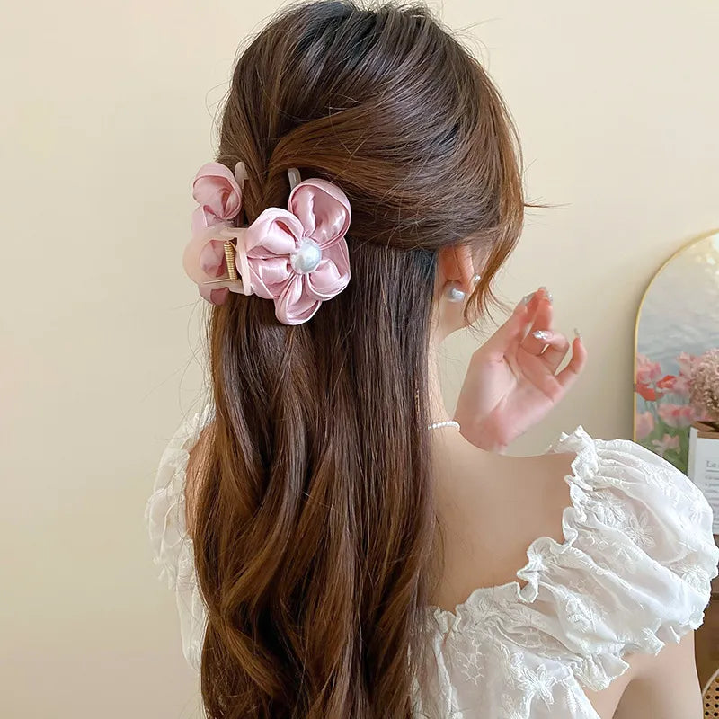 Stylish Flower Acrylic Hair Claw Clip with Imitation Pearls - 2.8" Length, Imported Accessories