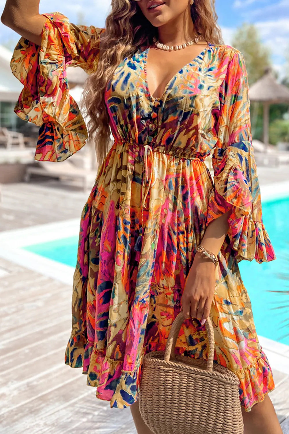 Boho Chic Printed Flare Sleeve Dress with Ruffled Hem - 100% Viscose, Opaque Design