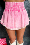 Washed Wide Smocked Waistband Frayed Denim Shorts Blush Pink