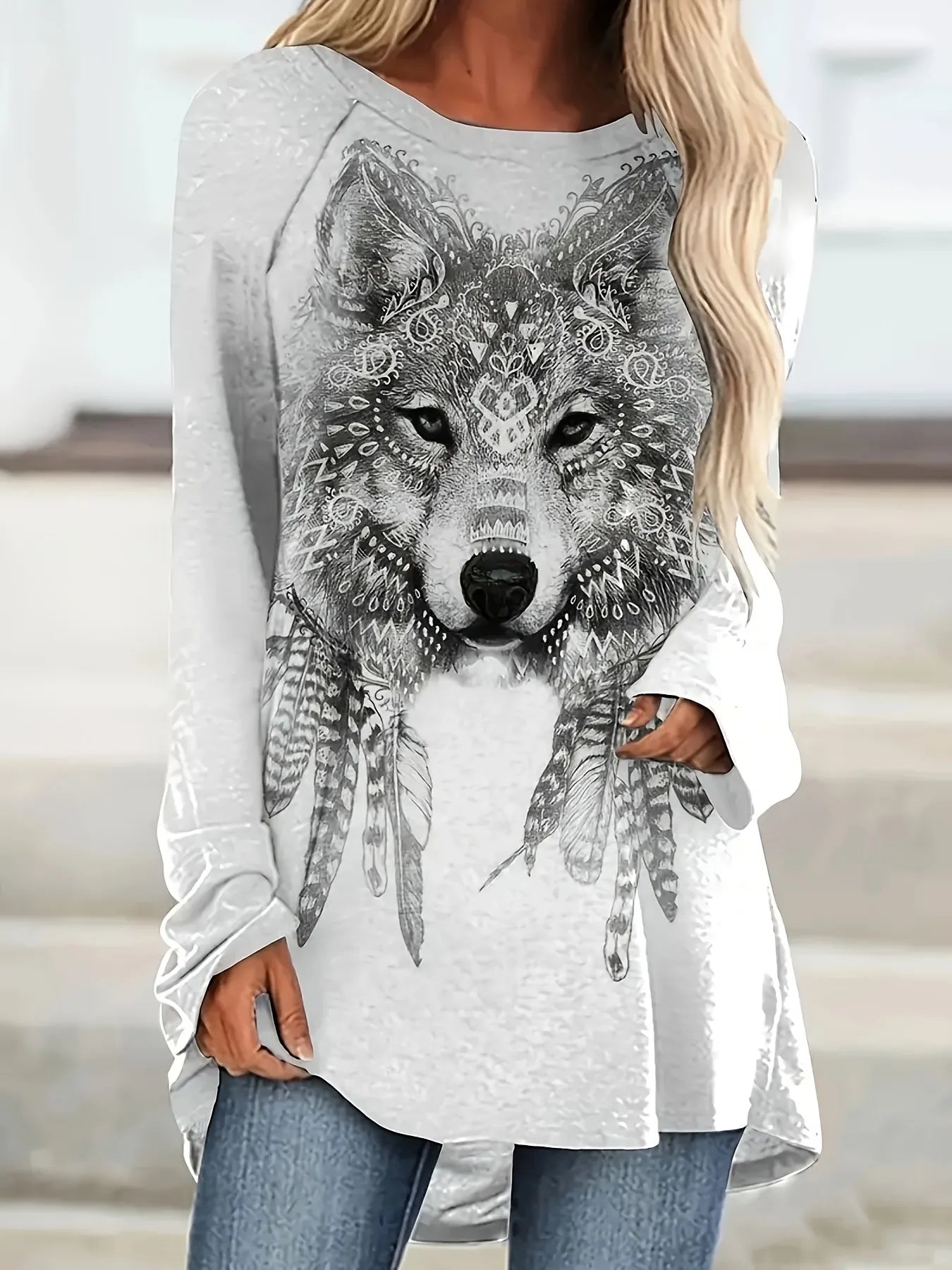 Oversized Bohemian Wolf Print Long Sleeve T-Shirt - Slightly Stretchy, 95% Polyester