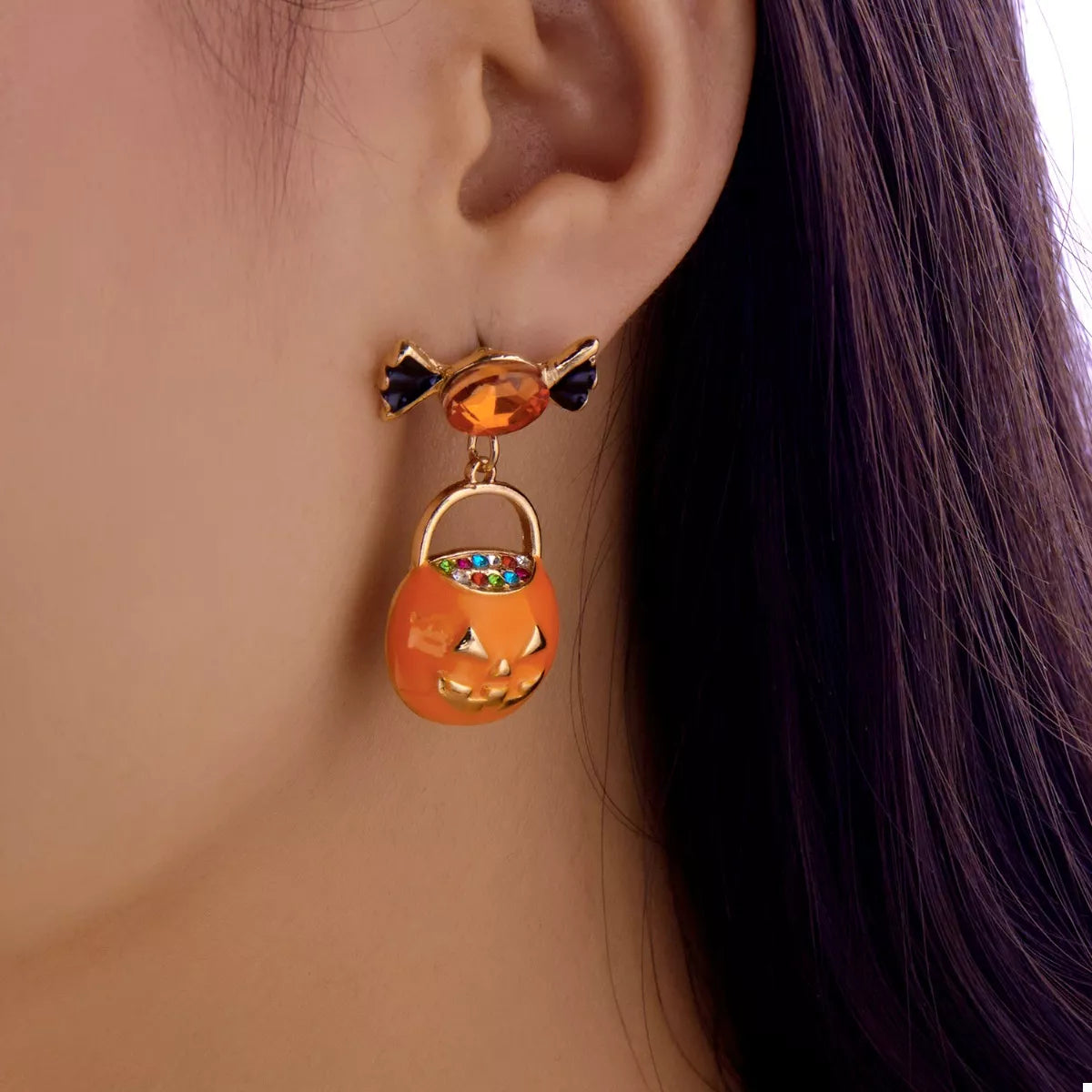 Cute Halloween Rhinestone Pumpkin Dangle Earrings - 18K Gold-Plated Zinc Alloy