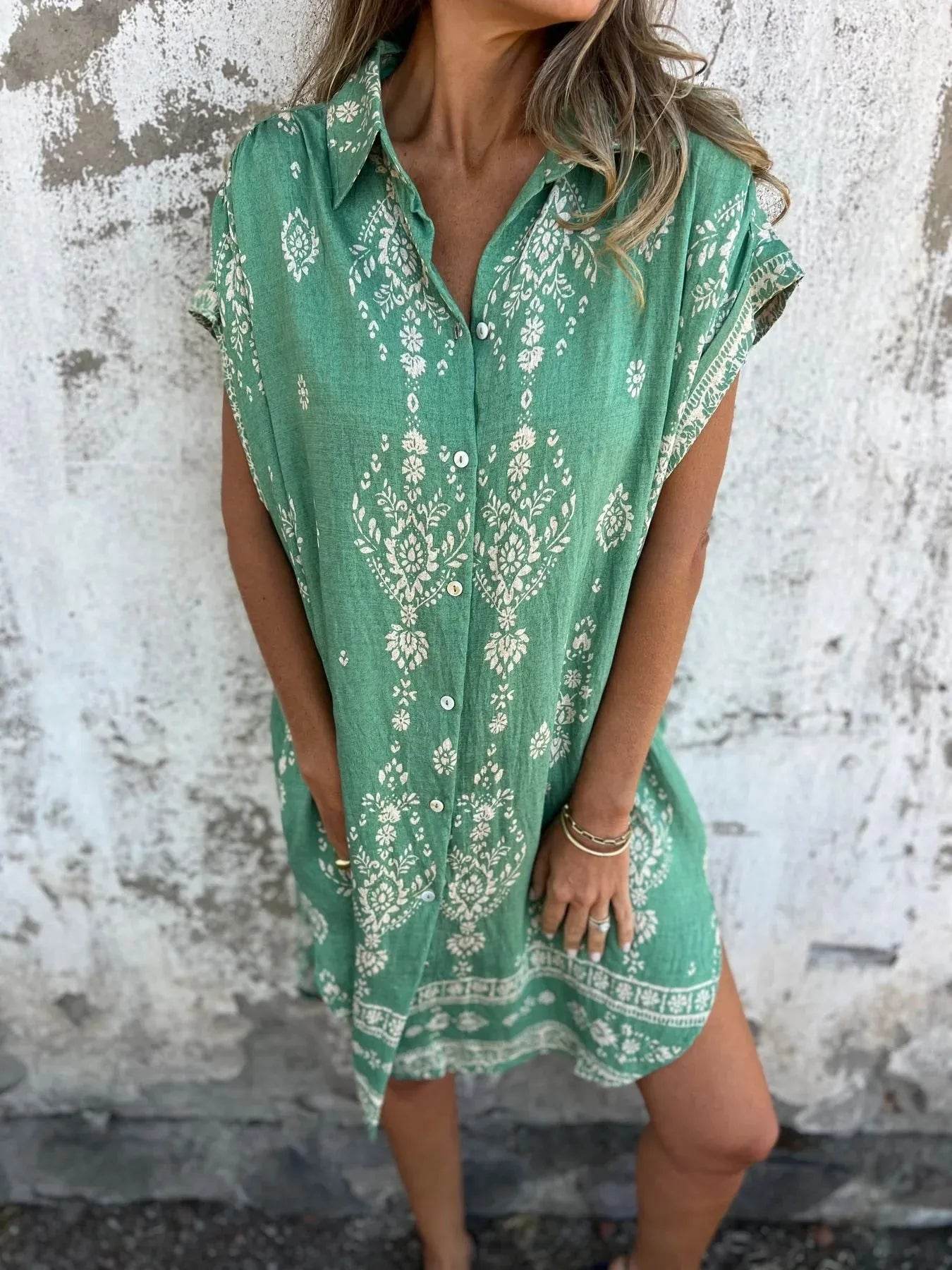 Full Size Printed Short Sleeve Button-Up Shirt Dress Plus Size - Store 42