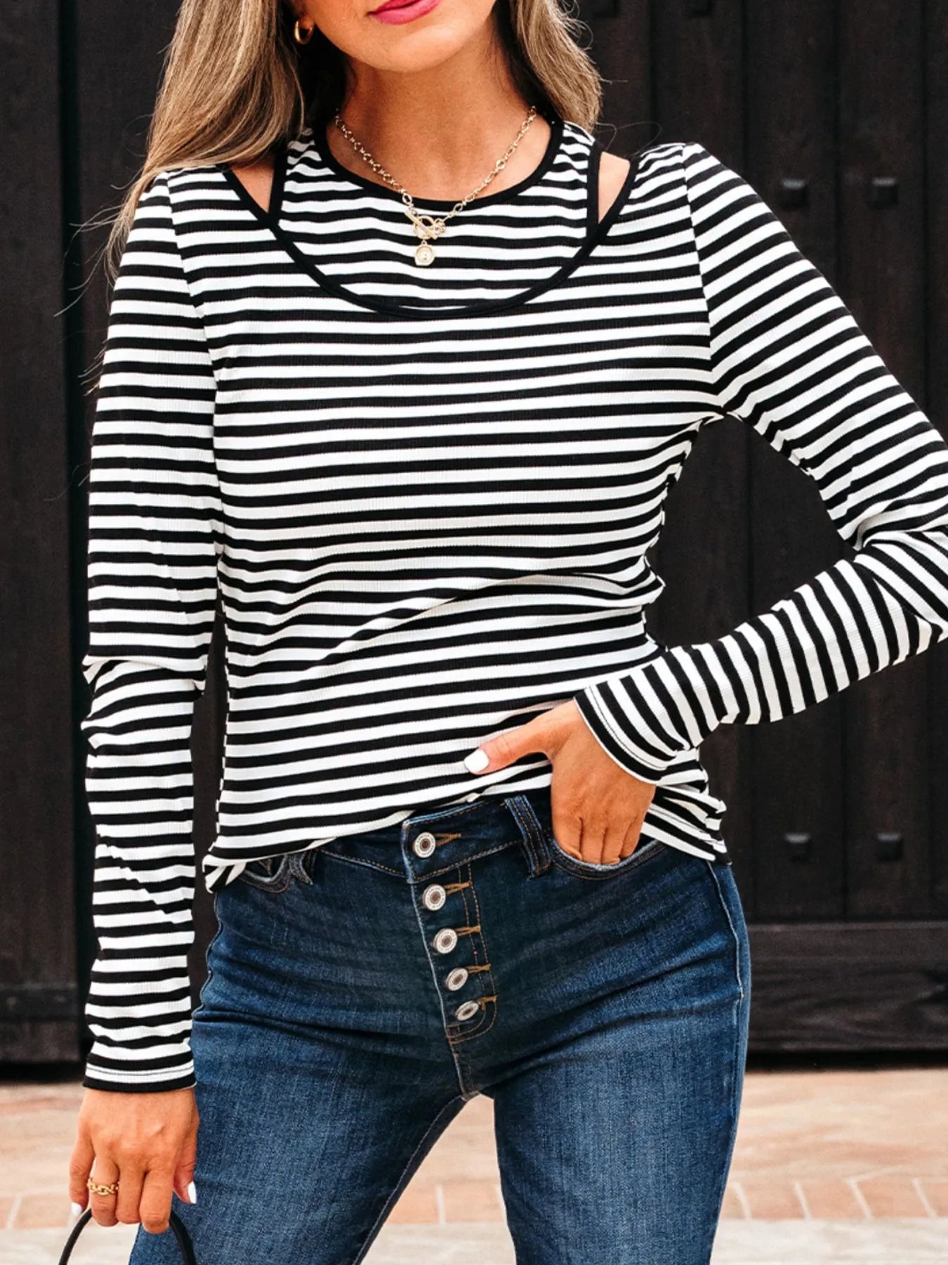 Trendsi Stripe Cold Shoulder Long Sleeve Top with Cutout Design - Slightly Stretchy Fabric