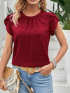 Slightly Stretchy Round Neck Ruched Petal Sleeve Top - 95% Polyester, 5% Spandex - Store 42