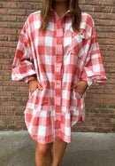 Plaid Collared Neck Long Sleeve Shirt Dress Strawberry