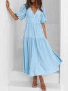 V-Neck Puff Sleeve Midi Dress Light Blue
