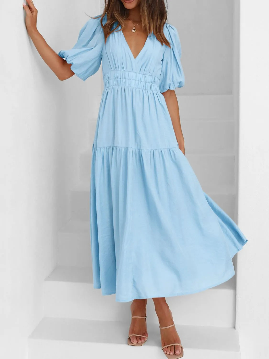 Chic V-Neck Puff Sleeve Midi Dress with Ruched Design - Lined Polyester Blend