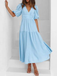 V-Neck Puff Sleeve Midi Dress Light Blue