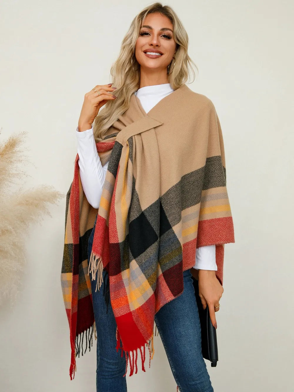 Fringe Contrast Plaid Poncho - 95% Polyester, Lightweight, Stylish, One Size Fits All