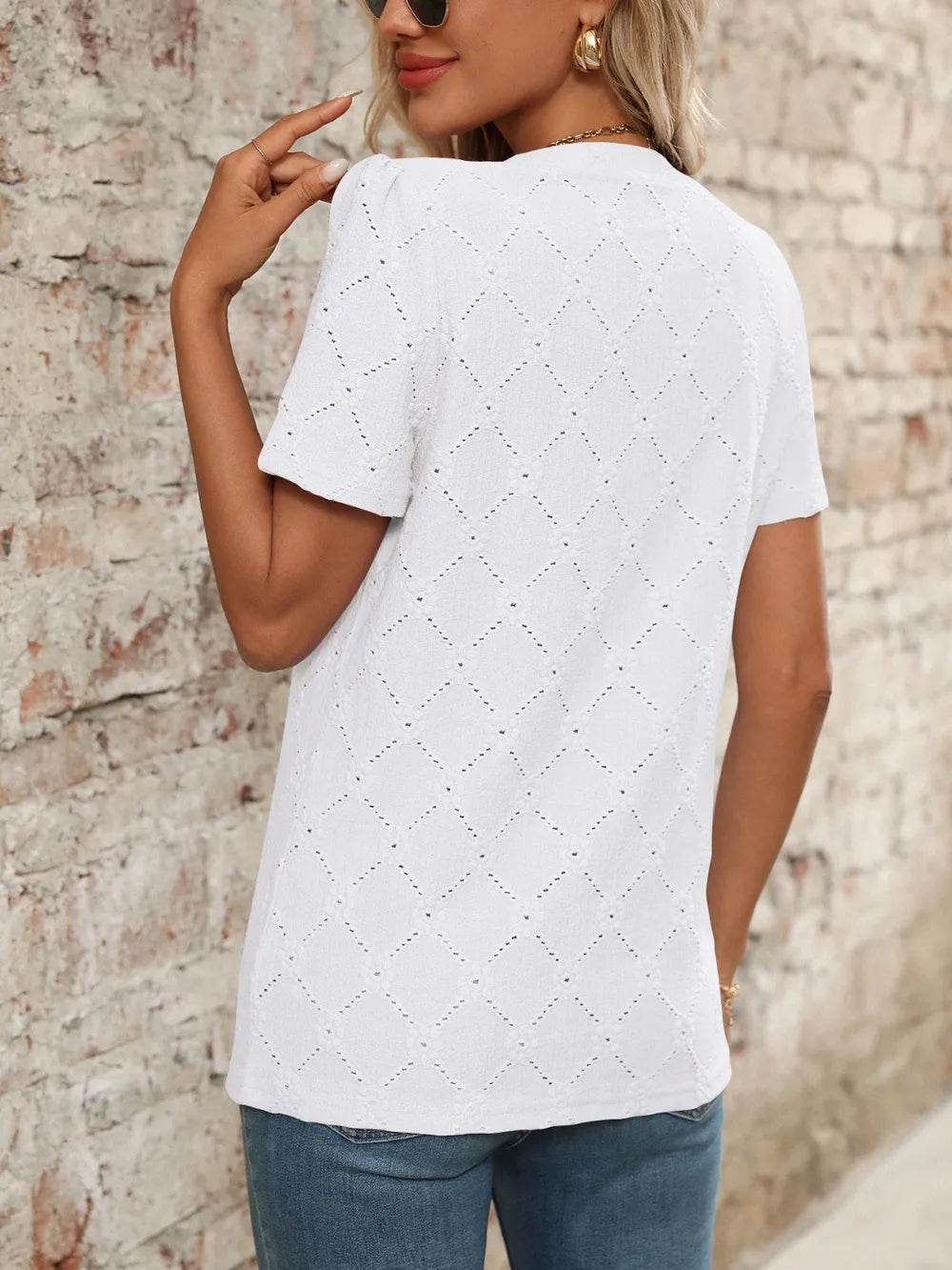 Stylish Eyelet Notched Top with Decorative Buttons - Short Sleeve & Slightly Stretchy, Opaque Fabric - Store 42