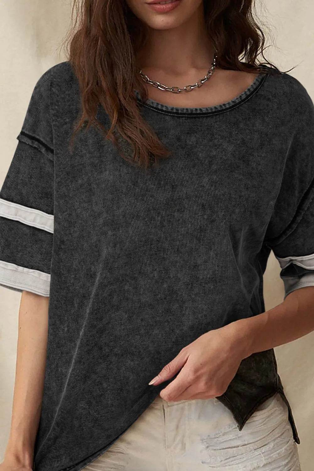 Trendy Contrast Round Neck Half Sleeve T-Shirt - Soft 100% Cotton with Seam Detail