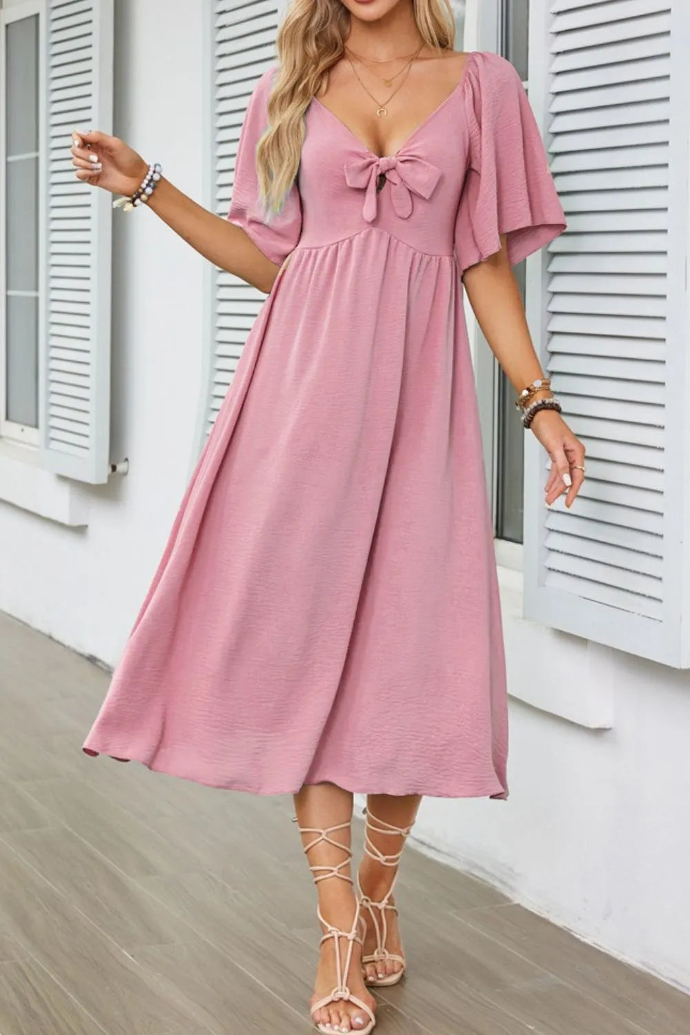 Floral Smocked Tie Front Flutter Sleeve Midi Dress - 100% Polyester, Opaque, Non-Stretch