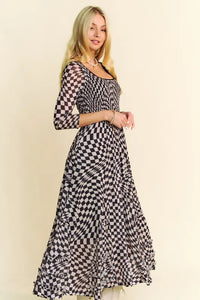 Davi & Dani Printed Checker Mesh Flowy Maxi Dress