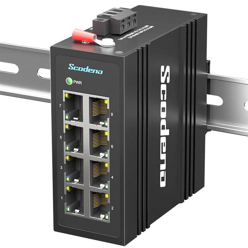 Scodeno 8-Port Industrial Ethernet Switch 10/100 Mbps -40 to 75°C DIN-Rail IP40 Reliability