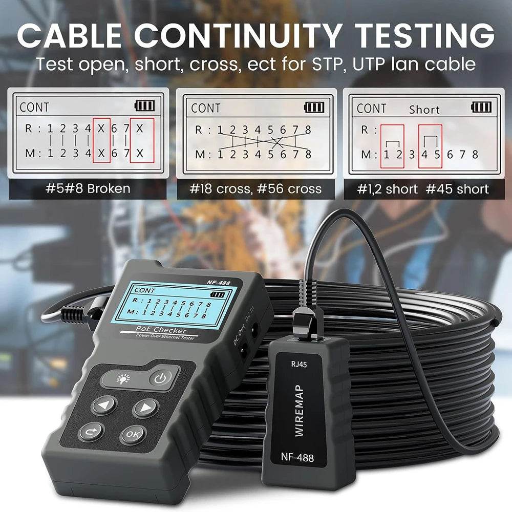 Noyafa NF-488 PoE Ethernet Cable Tester demonstrating cable continuity testing for CAT5e, CAT6, and CAT6a cables, featuring indicators for open, short, and crossed connections.