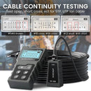 Noyafa NF-488 PoE Ethernet Cable Tester demonstrating cable continuity testing for CAT5e, CAT6, and CAT6a cables, featuring indicators for open, short, and crossed connections.