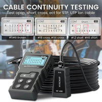 Noyafa NF-488 PoE Ethernet Cable Tester demonstrating cable continuity testing for CAT5e, CAT6, and CAT6a cables, featuring indicators for open, short, and crossed connections.