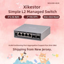 XikeStor 2.5G L2 Managed Switch showcasing 4 x 2.5G RJ45 ports and 2 x 10G SFP+ uplinks, featuring a one-click reset function for effortless networking.